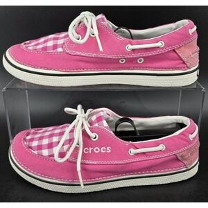 Crocs Pink Hover Boat Loafers Women's 9 Shoes Slip On Gingham Beach Coastal Prep